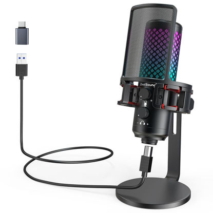 Picture of ZealSound Gaming USB Microphone for iPhone Phone PC,Metal Microphones with Quick Mute,RGB Indicator,Pop Filter,Shock Mount,Gain Control for Podcast