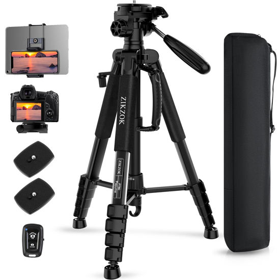 Picture of ZIKZOK 75" Camera Tripod for Cell Phone, Travel Tripod for Camera with Wireless Remote, Heavy Duty Camera Stand Tripod for DSLR/SLR/DV/GoPro (Black)