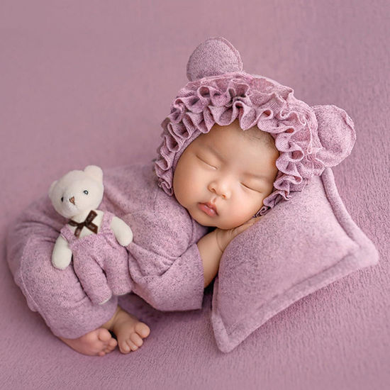 Picture of Holibeat Baby Girl Photography Props Newborn Girl Photo Shoot Outfits 4pcs (Hat + Bear Toy + Pillow + Romper) (Purple)