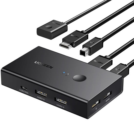 Picture of UGREEN KVM Switch, Share 4 USB Ports, USB and HDMI Switch for 2 Computers for Keyboard Mouse Printer to One Monitor Support 4K@60Hz, 3D, HDR, Include Desktop Controller, 2 USB Cables and 2 HDMI Cables