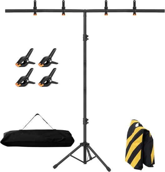 Picture of 6.5x3.2ft T-Shape Backdrop Stand, Adjustable Background Support Stand Kit, Portable Photo Banner Holder with 4 Spring Clamps, Sandbag, Carry Bag for Party, Wedding, Photography and Decoration