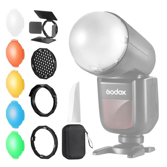 Picture of TOAZOE TR-09 Magnetic Flash Accessories Kit for Godox V1 Round Head Speedlite Flashes, includes Dome Diffuser, Diffuser Panel, Barndoor, Honeycomb Grid, Bounce Diffuser, Color Gels