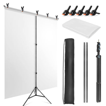 Picture of JEBUTU 5X6.5ft White Screen Backdrop with Stand Kit, White Screen with T-Shape Background Support Stand, Portable White Screen Stand Kit with Carrying Bag & 5 Spring Clamps for Video, Streaming