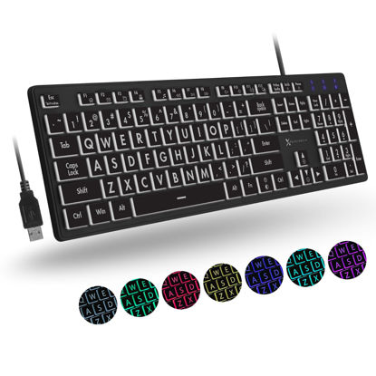 Picture of X9 Performance Backlit Large Print Keyboard - Easy to See and Type - Light Up Keyboard for Elderly or Visually Impaired - USB Wired Lighted Keyboard, 7 Colors, Oversize Letters - Easy View Keyboard