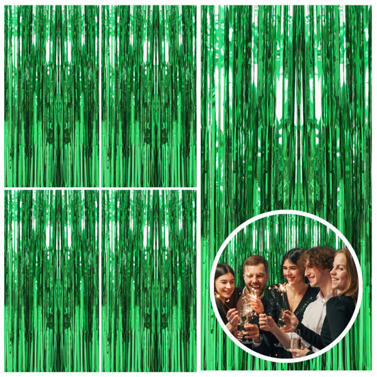 Picture of 5 Pack Green Streamers Backdrop Jungle Party Decorations Foil Fringe Backdrop Curtains Photo Booth Backdrop for Birthday Dinosaur Animal St Patrick's Day Football Christmas Party Decorations