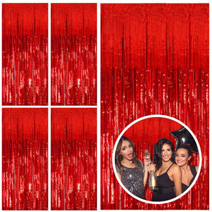 Picture of 5 Pack Red Streamers Party Backdrop Christmas Decorations Foil Fringe Backdrop Curtains Carnival Casino Theme Birthday New Year Holiday Celebration Bachelorette Party Decorations Supplies