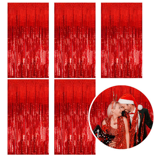 Picture of 5 Pack Foil Curtain Backdrop Red Metallic Tinsel Foil Fringe Curtains Photo Booth Props for Birthday Wedding Engagement Baby Shower Bachelorette Christmas Holiday Celebration Party Decorations