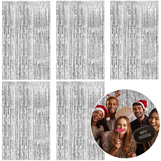 Picture of 5 Pack Foil Curtain Backdrop Silver Metallic Tinsel Foil Fringe Curtains Photo Booth Props for Birthday Wedding Engagement Baby Shower Bachelorette Christmas Holiday Celebration Party Decorations