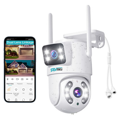 Picture of SOVMIKU 【Dual Lens Linkage】 6MP Pan/Tilt Security Camera Outdoor, WiFi Camera, 【Plug-in Cable】 Auto Tracking, Human Detection, Light Alarm, Color Night Vision, 2.4G WiFi, 24/7 Record, Two-Way Audio