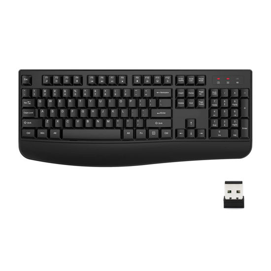 Picture of EDJO Wireless Keyboard, 2.4G Ergonomic Full Size Wireless Computer Keyboard with Wrist Rest for Windows, Mac OS Desktop/Laptop/PC（Black）