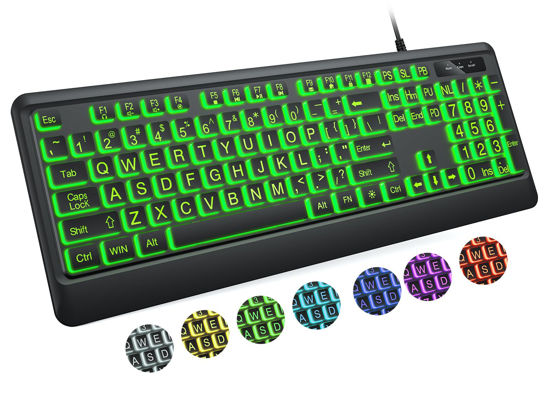 Picture of KOPJIPPOM Large Print Keyboard - 7 Interchangeable Backlight Colors, Light Up USB Wired Computer Keyboards, USB Plug-and-Play, Foldable Stands, Corded Full Size Keyboard for Windows, PC, Laptop