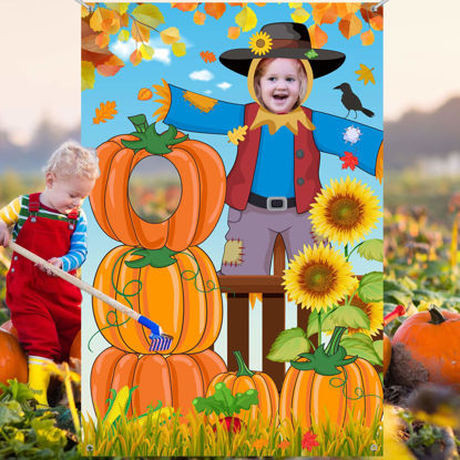 Picture of Blulu Thanksgiving Photography Backdrop Pumpkin Photo Background Fall Harvest Decoration Large Scarecrow Background Autumn Party Supplies with 6 m Rope, 59 x 39.4 Inch