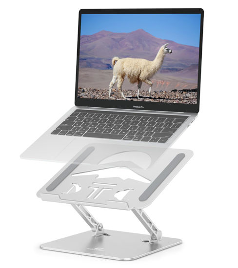 Picture of Tobeoneer Laptop Stand Adjustable Laptop Holder for Desk, Ergonomic & Foldable & Portable Heat Sink Computer Stands, Fits up to 15.6-inch Laptops. (Silver)