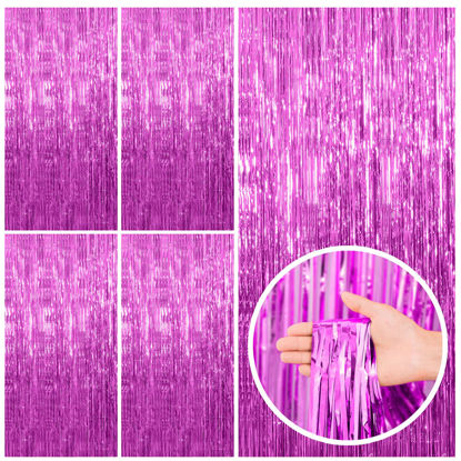 Picture of 5 Pack Hot Pink Party Backdrop Birthday Decorations Tinsel Curtain Party Streamers Foil Fringe Backdrop Christmas Bachelorette Graduation Fiesta Party Decorations Hot Pink Photo Booth Backdrop