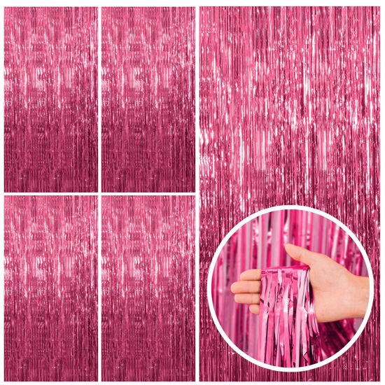 Picture of 5 Pack Pink Backdrop Party Decorations Tinsel Curtain Party Backdrop Foil Fringe Birthday Decorations Photo Booth Streamer Backdrop Pink Theme Bachelorette Graduation Party Decorations