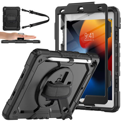 Picture of Sibeitu iPad 9th Generation Case 2021 10.2 Inch with Screen Protector & Kickstand, Protective iPad 7th 8th Gen Case 2019 2020 Cover for Kids with Hand Shoulder Strap, Heavy Duty & Rugged, Black