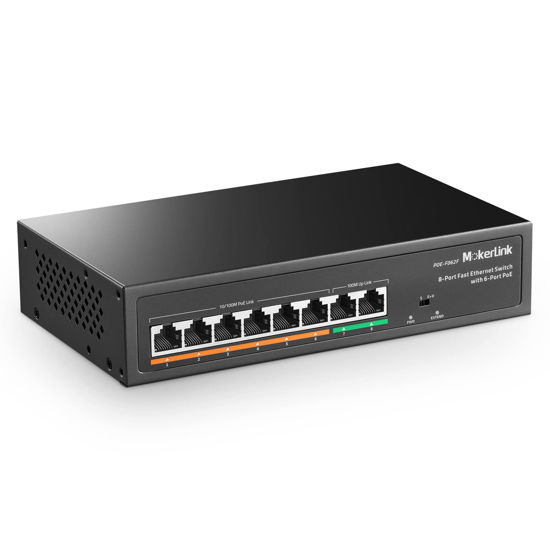 Picture of MokerLink 8 Port PoE Switch with 6 PoE+ Port, 2 Uplink, 100Mbps, 78W AI Detection IEEE802.3af/at, Fanless Metal Plug & Play Network Switch