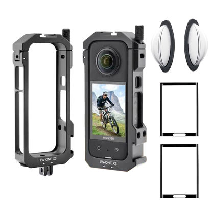 Picture of Aluminum Frame Cage Sticky Lens Guard Set Screen Protector for Insta360 X3 X 3 Accessories Kit Anti-scratch Metal case Housing Shell Tempered Glass Protective Film Cover