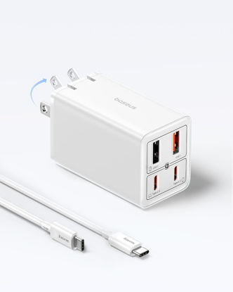 Picture of USB C 65W Charger, Baseus GaN6 Pro Fast Charger Block 4 Ports, PD Wall Charger, Foldable Type C Charger for iPhone, MacBook, Galaxy, Android, Dell, iPad, Pixel, White