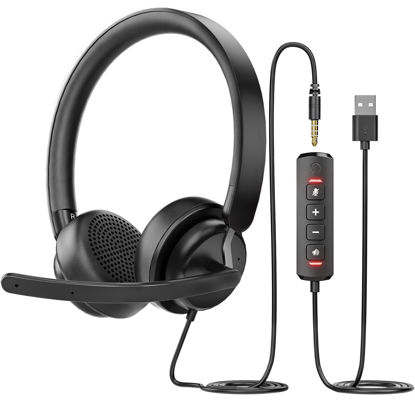 Picture of Headset with Mic, USB Headset with Microphone, Computer Headset with Noise Canceling Microphone for PC Laptop, in Line Mute Controls, Wired Headset for Work from Home /Office/Call Center/Teams/Zoom