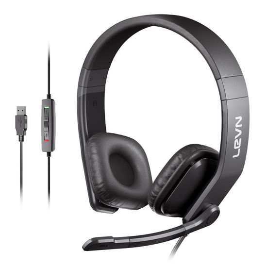 Picture of LEVN Wired Headset, USB Headset with Microphone for PC with Noise Cancelling, in-line Controls & Mute Button, Computer Headset for Work from Home/Call Center/Office/Online Class/Teams/Zoom/Skype