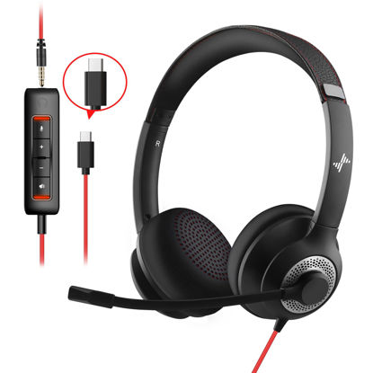 Picture of JIAMQISHI Headset with Microphone for PC Wired Headphones - Type-C Over-Ear 3.5mm Headsets with Noise-Cancelling Microphone for Laptop - Computer Headphones with Mic in-line Control for Home