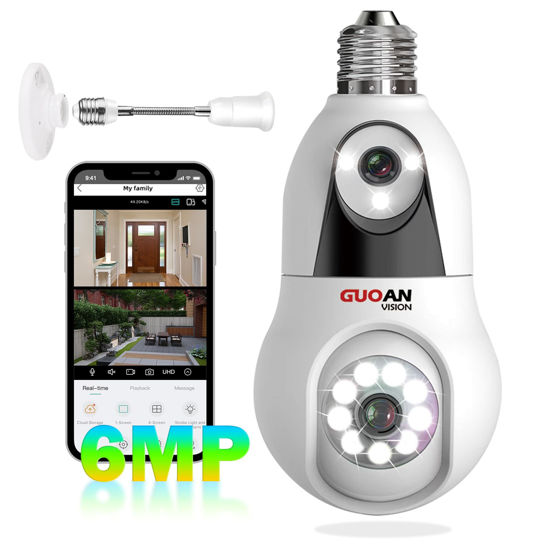 Picture of GUOANVISION Light Bulb Security Camera, 【6MP Dual Lens Linkage】 2.4GHz Light Socket Wireless Camera Indoor, Screw in Bulb Camera, 360°View, Color Night, AI Tracking, Audible Alarm, SD/Cloud