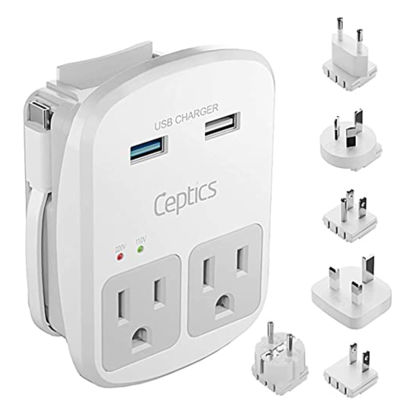 Picture of Ceptics Universal Travel Adapter Kit - 2 USB, USB-C Cord+2 US Outlets QC 3.0, Surge Protection, Plugs for Europe, UK, China, Australia, Japan - Perfect for Laptop, Cell Phones, Cameras,Safe ETL Tested