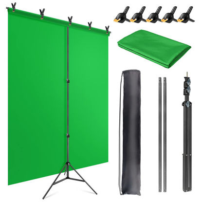 Picture of JEBUTU 5X6.5ft Green Screen Backdrop Kit with T-Shape Stand, Portable Green Screen Background Support Stand Kit with Carrying Bag & Clamps for Streaming, Video, Zoom