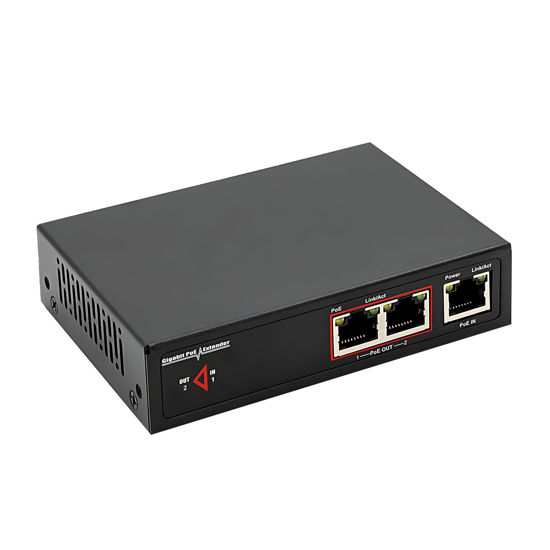 Picture of 3 Port Gigabit PoE Extender,1 in 2 Out Work with PoE Passthrough Switch PoE Injector, 10/100/1000 Mbps 60W PoE+ Supports IEEE 802.3af/at Power-Over-Ethernet Repeater，6KV Lightning Protection