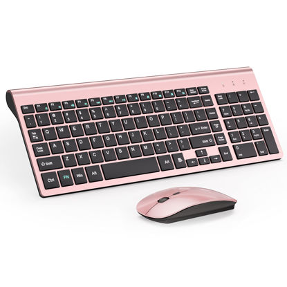 Picture of TopMate Wireless Keyboard and Mouse Ultra Slim Combo, 2.4G Silent Compact USB Mouse and Scissor Switch Keyboard Set with Cover, 2 AA and 2 AAA Batteries, for PC/Laptop/Windows/Mac - Rose Gold Black