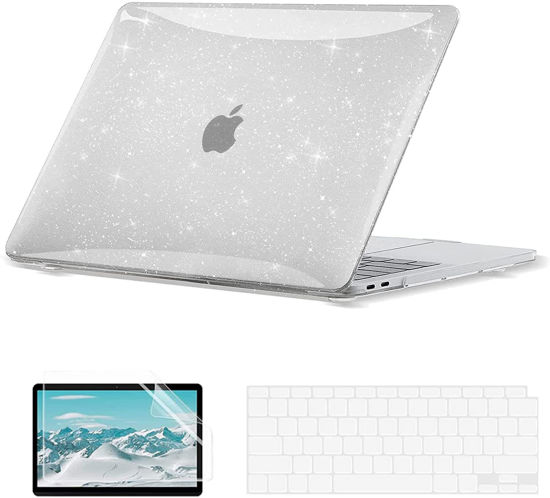 Picture of EooCoo Glitter Hard Case Compatible with MacBook Air 13 inch M1 Chip 2021-2018 with Retina Display, Air 13.3 inch Plastic Protective Case + Keyboard Cover + Screen Protector, Sparkly Clear