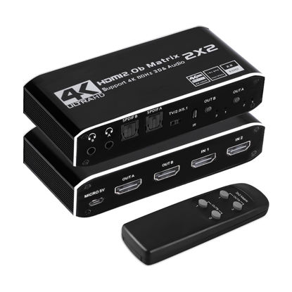 Picture of HDMI Matrix 2x2, 4K@60Hz HDMI Matrix Switch 2 in 2 Out with IR Remote Control, Support HDMI 2.0b, HDCP2.2, HDR10, Ultra HD, 3D