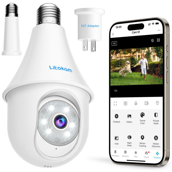 Picture of litokam 4MP Light Bulb Security Cameras Wireless Outdoor 2.4GHz, 2K 360 Cameras for Home Security Outside Indoor, Motion Detection, Siren Alarm, Color Night Vision, 24/7 Recording, Work with Alexa