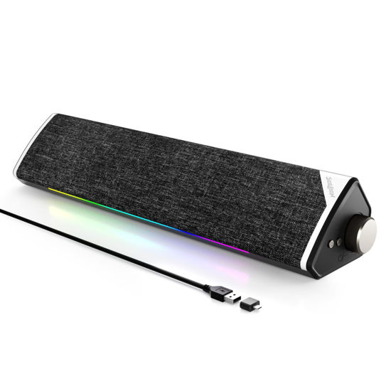 Picture of SOULION R60 Bluetooth Computer Speakers, USB Plug-N-Play PC Speakers with LED Dynamic Light, Surround Sound Soundbar Speakers with Rotary Switch for Desktop Laptop (USB-C to USB Adapter Included)