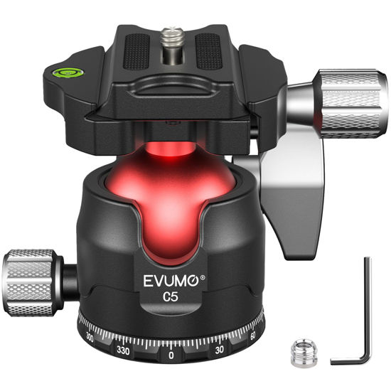 Picture of EVUMO C5 38MM Tripod Ball Head with Arca Type Quick Release Plate, 360° Panoramic Ball Head Mount with 1/4" Screw 3/8" Thread for Tripod, Monopod, Slider, DSLR Camera, Camcorder, Max Load 33lbs/15kg