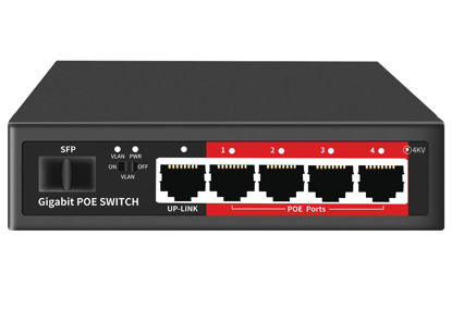 Picture of STEAMEMO 5 Port Gigabit Ethernet Unmanaged PoE Switch, 4 Gigabit PoE+ @52W Built-in Power, 1 Uplink Gigabit Port + 1 SFP Slot, VLAN Mode, 802.3af/at, Desktop/Wall-Mount, Plug & Play