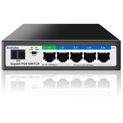 Picture of Goalake 5 Port Gigabit PoE Switch and 1 Gigabit SFP Slot, Unmanaged PoE Switch with 4 Gigabit Port PoE+@52W, Fanless&Metal Design, Plug & Play, VLAN Mode, Overload Protection