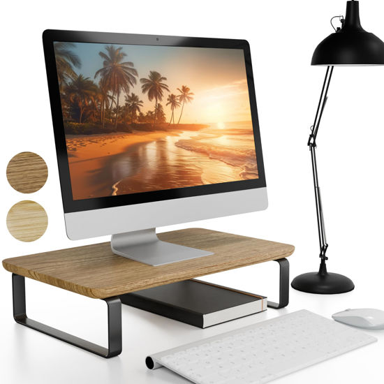 Picture of Beautiful Wooden Monitor Stand for Desk - Sturdy Stand Rises Your Monitor to the Perfect Ergonomic Level - Sleek and Functional Computer/Laptop Stand Design Elevates Any Workspace & Maximizes Space