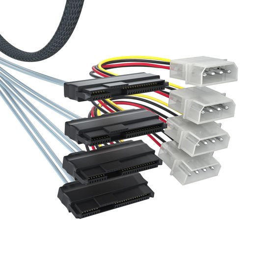 Picture of Internal Mini SAS HD SFF-8643 to (4) 22-Pin SFF-8482 Fan-Out SAS Cable with IDE Molex 4Pin SATA Power, 12Gb/s, 0.5m(1.6ft)