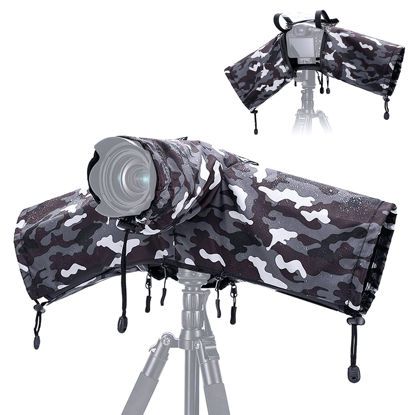 Picture of JJC Camera Rain Cover Sleeve for Canon Nikon Sony Fujifilm Mirrorless Camera with Lens Below 7.1x5.5x9.1” (WxHxD), Nylon Camera Rain Coat Protector with Zippered See Through Windows-Camouflage Gray