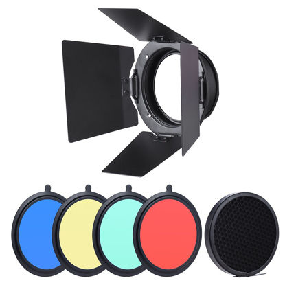 Picture of Andoer 96mm Universal Mount Metal Bardoor Barn Door Barndoor with Honeycomb Grid 4pcs Color Gel Filters for Neewer Godox 180W 250W 300W Andoer MD-250 MD-300 Studio Strobe Flash Light Monolight