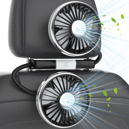 Picture of Dual Car Backseat Cooling Fans: USB Car Rear Seat Fan for Baby with 2 Independent Heads and Lights 3 Speeds 360° Rotatable Vehicle Fans 5V Quiet Ventilation Headrest Fan for Sedan SUV RV Truck Van