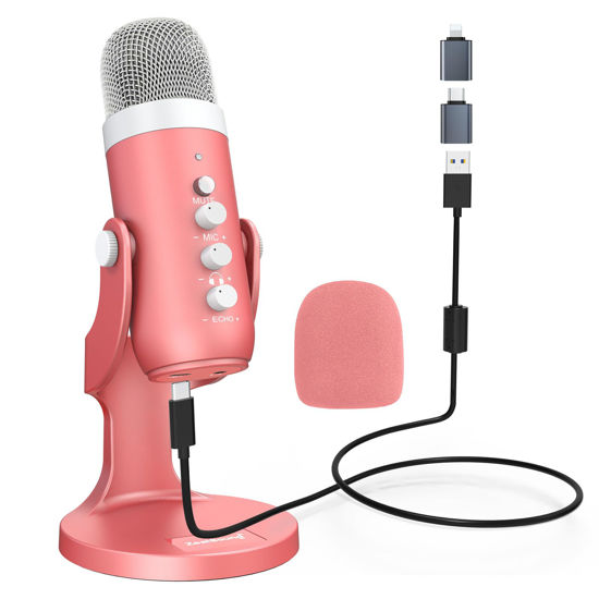 Picture of ZealSound USB Microphone,Condenser Computer Mic,Plug&Play Gaming Microphones for PS 4&5.Headphone Output&Volume Control,Mic Gain Control,Mute Button,YouTube Podcast on Mac&Windows Pearlescent Pink