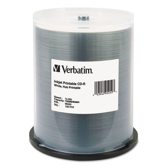 Picture of Verbatim 95252 CD-R, 700MB, 52X, White Inkjet Printable, Hub Printable, 100/PK Spindle