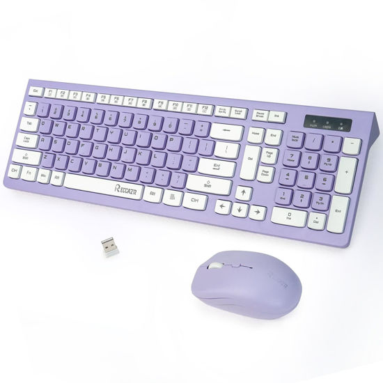 Picture of RECCAZR Wireless Keyboard and Mouse Combo, Full-Sized Wireless Keyboard and Adjustable DPI Mouse, 2.4GHz USB Receiver, Wireless Keyboard and Mouse for PC, Windows, Desktop, Laptop (Purple)