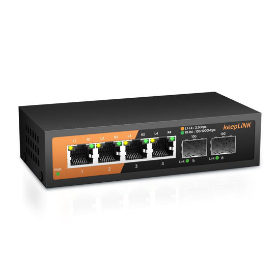 Picture of keepLiNK 6-Port 2.5G Switch Unmanaged, 4 x 2.5GBASE-T Ports & 2 x 10GBASE-T SFP Slots, 60Gbps Switching Capacity, Plug & Play/Wall Mountable/Fanless Metal, Compatible with 1000Mbps Devices