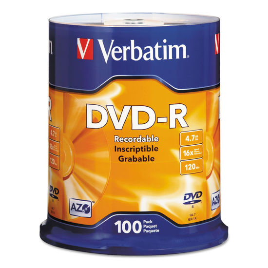 Picture of Verbatim 95102 DVD-R Discs, 4.7GB, 16x, Spindle, Silver, 100/Pack