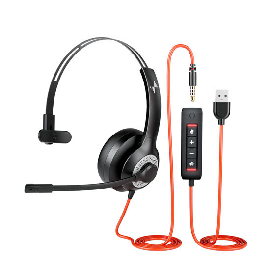 Picture of EAGLEND USB Headset with Mic for PC, Single Ear (Monaural) Headset with Noise Cancelling Microphone in-line Control for Home Office Online Class Skype Zoom