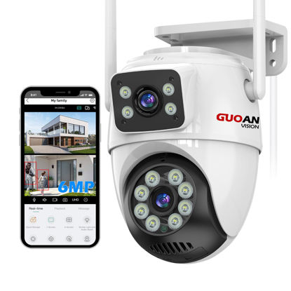 Picture of GUOANVISION 【Security Cameras Wireless Outdoor】 Dual Lens Linkage,6MP WiFi PTZ Surveillance Camera,360°View,Human Detection,Auto Tracking,Light Alarm,Night Vision,Two-Way Audio, Corded Power.